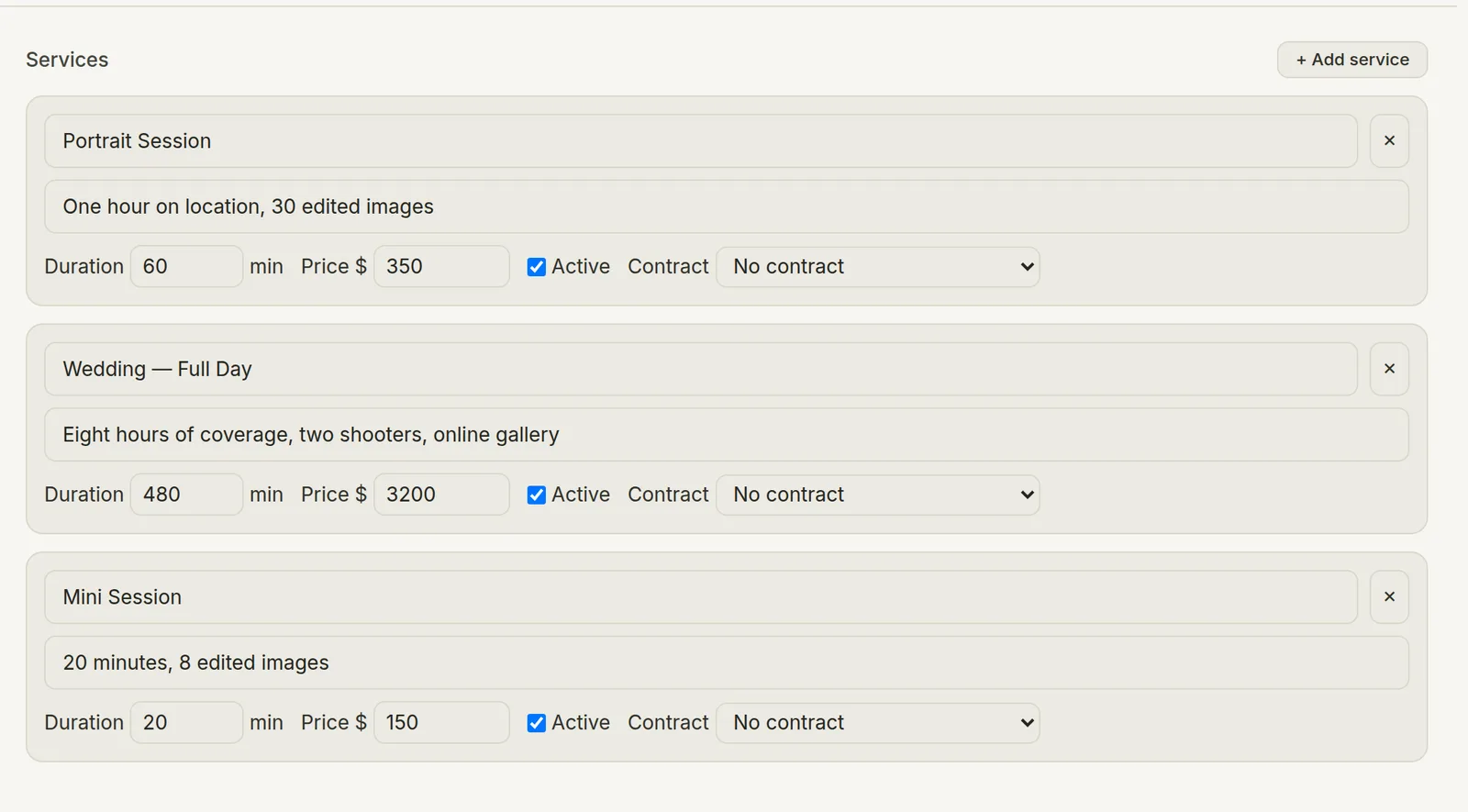 The bookings editor listing services with duration, price, and contract for each