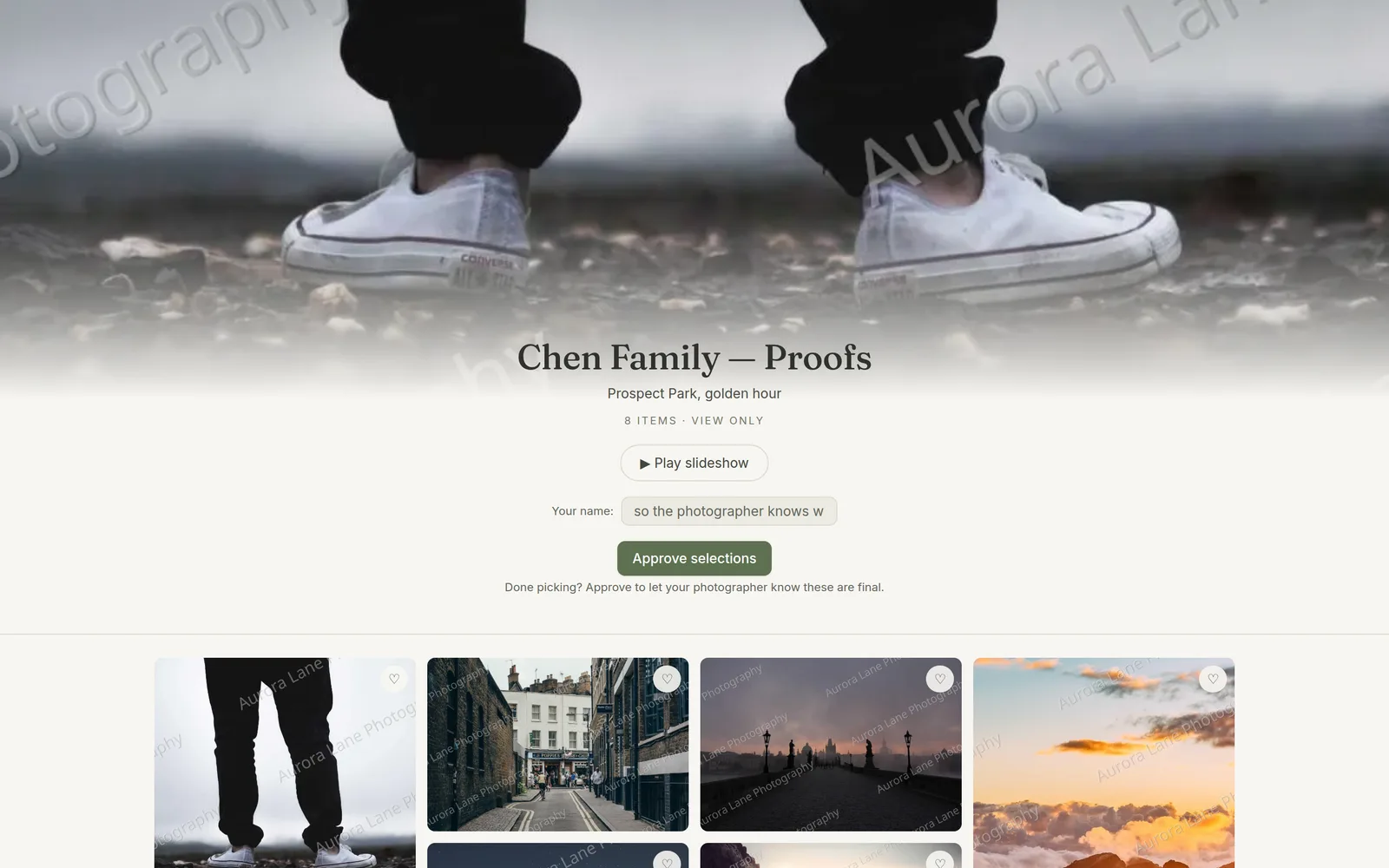 A client gallery showing full-frame photos, watermarks, and favorite hearts for picking selects