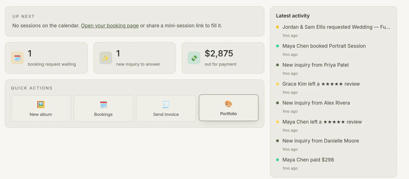Dashboard tiles showing money out for payment alongside a live client activity feed