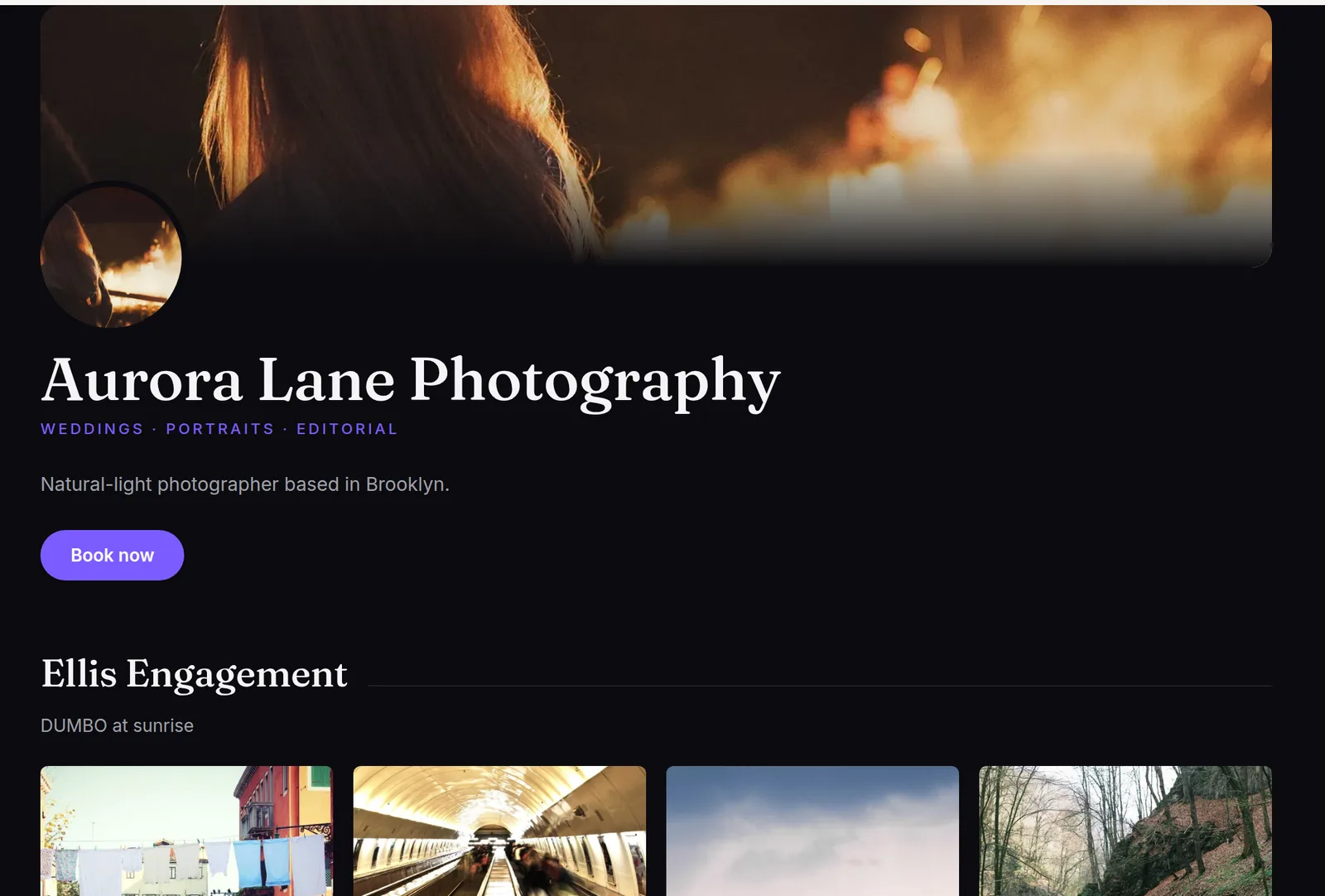A photographer's public Showpiece portfolio with their own cover image, bio, and Book now button
